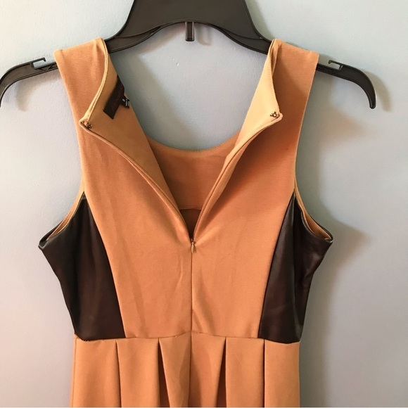 Leo meets Virgo camel/tan sleeveless plated dress with faux leather accents - Picture 3 of 9